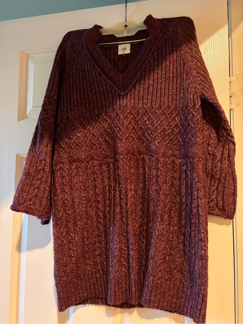 CAbi Women's V-Neck Cable Knit Sweater Tunic With 3/4 Sleeves